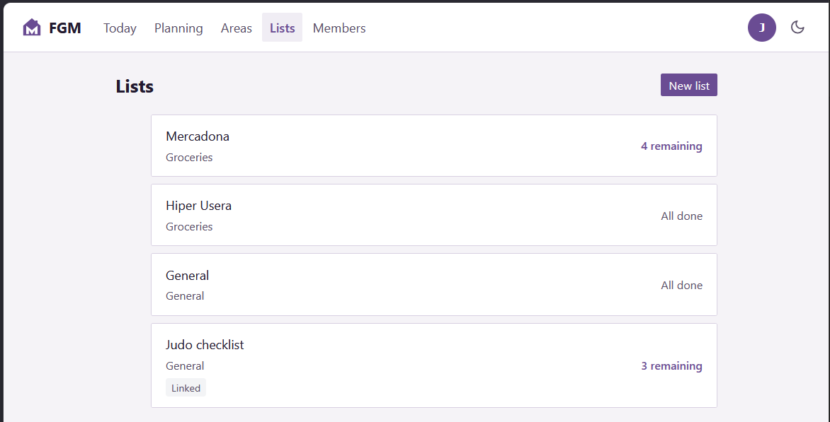 Lists page showing shared household lists