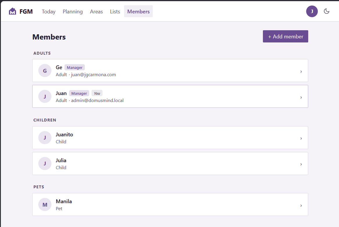 Members page showing people in the household