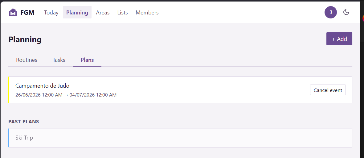Plans page showing appointments and activities