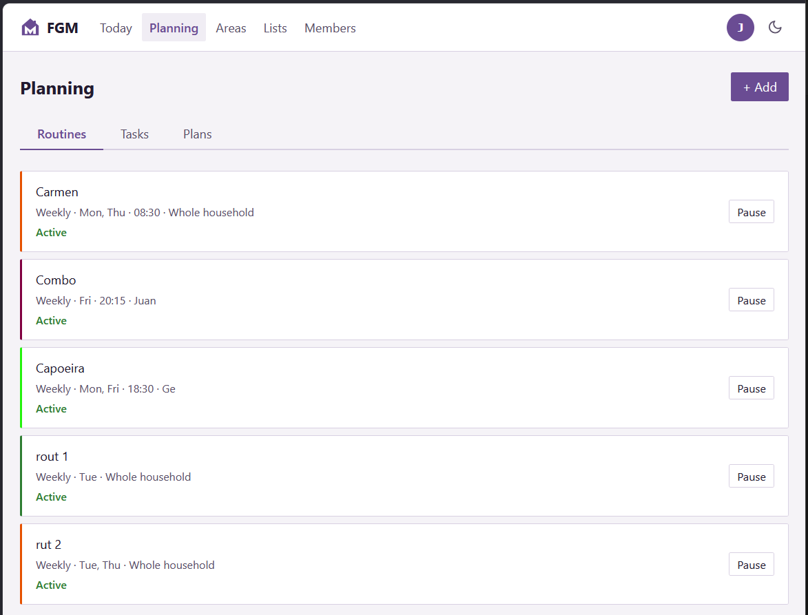 Routines page showing recurring household work