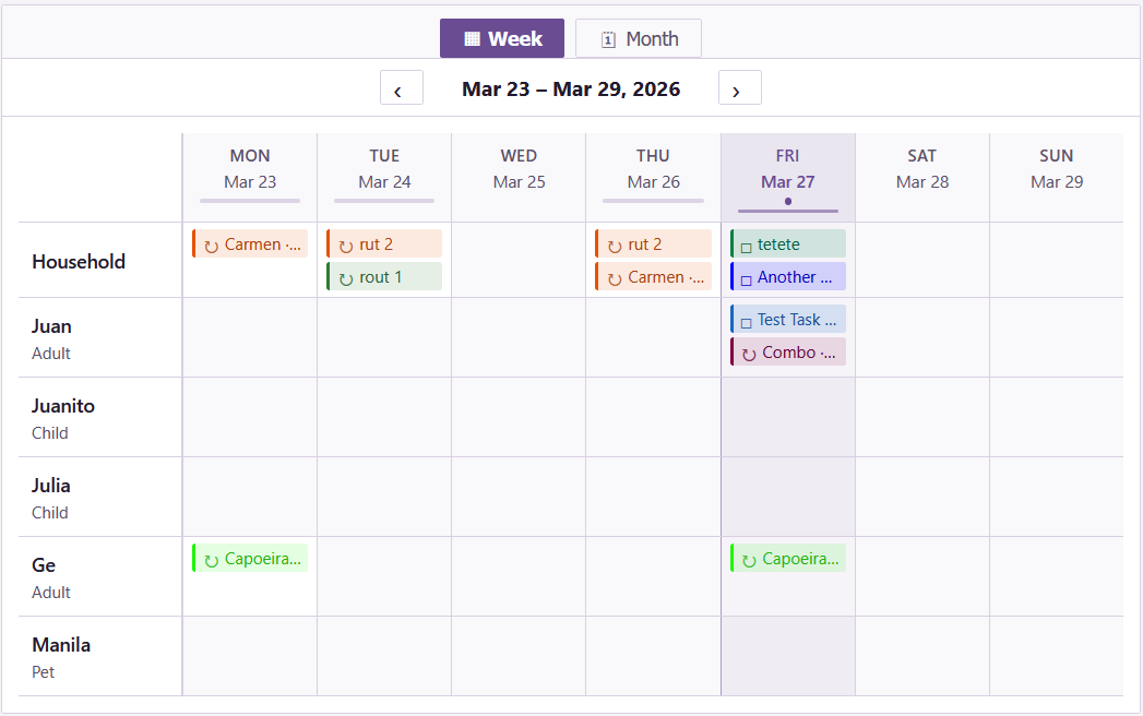 Week view showing the household's plans for the coming days